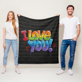 Black Brick Wall with Graffiti “I Love You!” Fleece Deken
