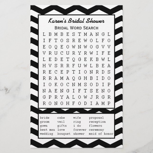 Black Bridal Party Shower Word Search Game (Voorkant)
