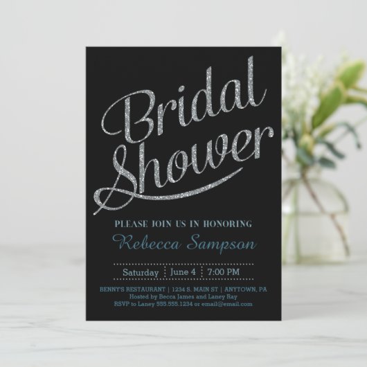 Black Bridal Shower Invitation - Zilver Script Kaart (Staand voorkant)