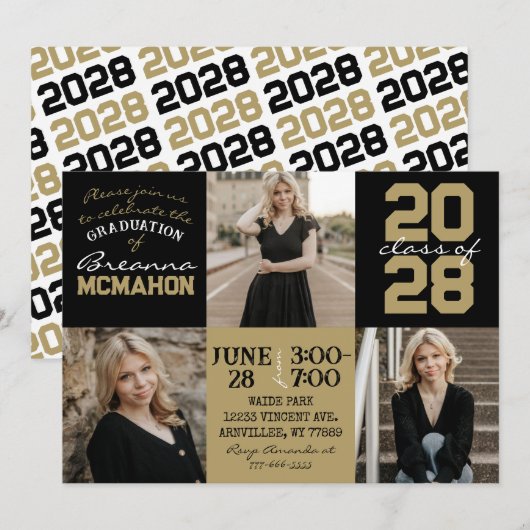 Black & Bronze Gold 3 Photo Graduation Invitation (Devant / Derrière)