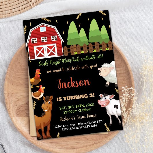 Black Brown Green Farm Invitations d'anniversaire
