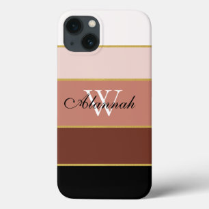 Black Brown Peach roze Chic Color Block Stripes iPhone 13 Hoesje