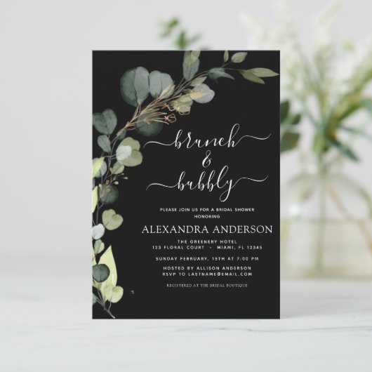 Black Brunch & Bubbly QR-code Eucalyptus Kaart (Staand voorkant)