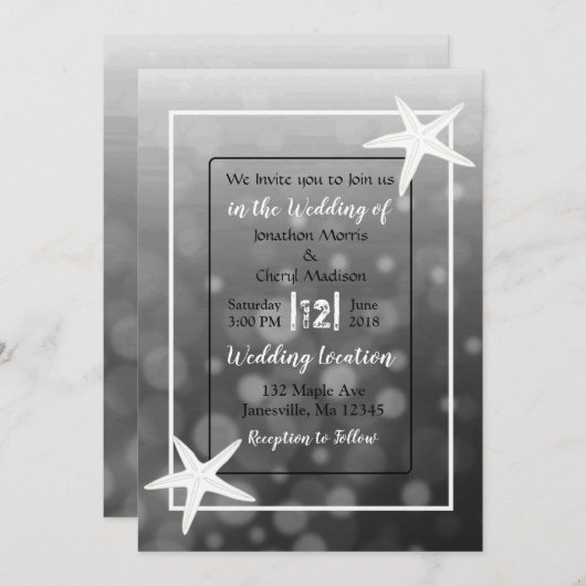 Black Bubbles Starfish Plage Mariage Invitations (Devant / Derrière)