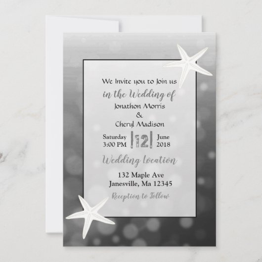 Black Bubbles Starfish Plage Mariage Invitations (Devant)