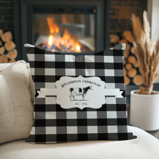 Black Buffalo Boerderij Koe Sierkussen (Black Buffalo Plaid Farm Cow Throw Pillow)