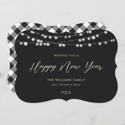 Black Buffalo Lights Plaid Happy New Year Cartes (Devant / Derrière)