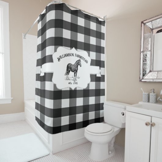 Black Buffalo Plaid Farm Cheval Douche Rideau (En situation)