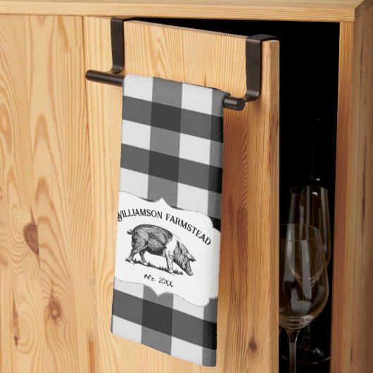 Black Buffalo Plaid Farm Pig Serviette de cuisine (Pliage en tiers)