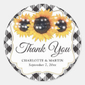 Black Buffalo Plaid Zonnebloem bruiloft Dank u Ronde Sticker (Voorkant)