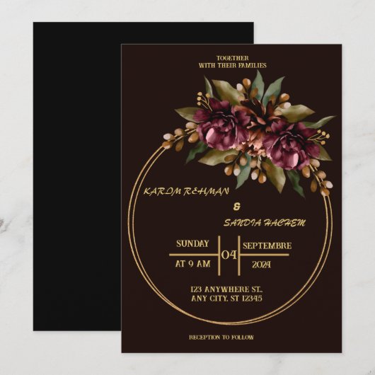 Black Burgundy en Gold Floral Modern Boho Wedding Kaart (Voorkant / Achterkant)