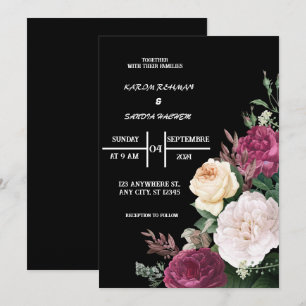Black Burgundy en Gold Floral Modern Boho Wedding Kaart
