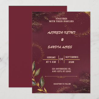 Black Burgundy en Gold Floral Modern Boho Wedding Kaart