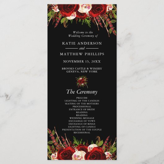 Black Burgundy Floral Boho Programme de mariage (Devant)