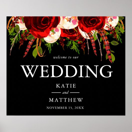 Black Burgundy Floral Boho Welkom bij ons huwelijk Poster (Voorkant)
