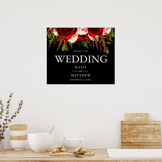 Black Burgundy Floral Boho Welkom bij ons huwelijk Poster (Keuken)
