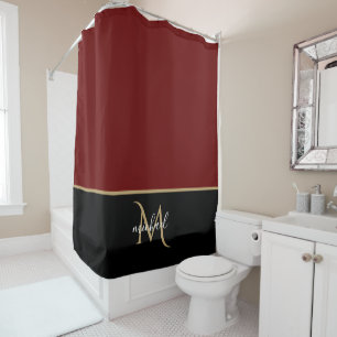 Black   Burgundy & Gold Monogram Elegant Luxury Douchegordijn