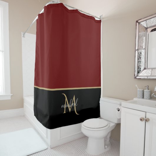 Black | Burgundy & Gold Monogram Elegant Luxury Douchegordijn (In situ)