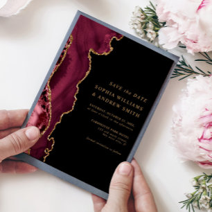Black & Burgundy Gold Save the Date Invitation Kaart