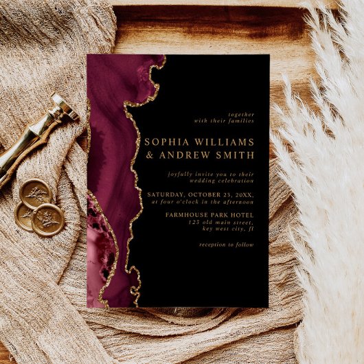 Black & Burgundy Gold Wedding Invitation