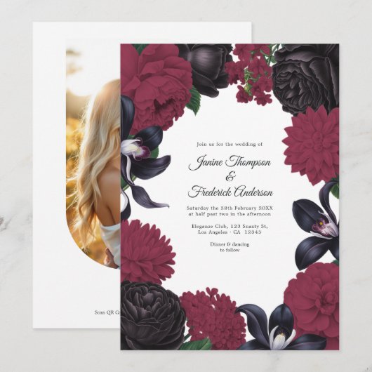 Black & Burgundy Photo/QR Code Floral Wedding Kaart (Voorkant / Achterkant)