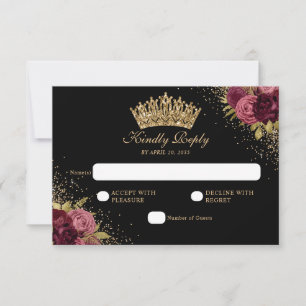 Black Burgundy Red Glitter Floral Quinceanera RSVP Kaartje