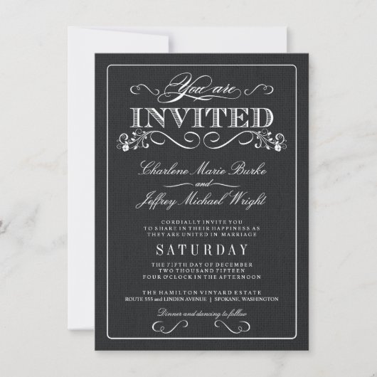 Black Burlap Rustic Wedding Invitations Kaart (Voorkant)