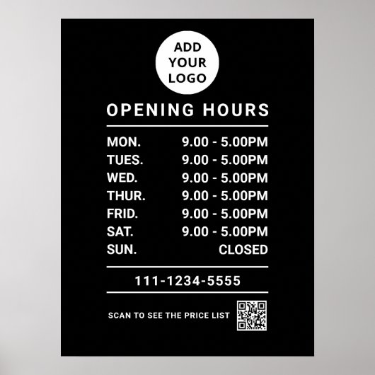 Black Business Openingstijden logo en QR-code Poster (Voorkant)