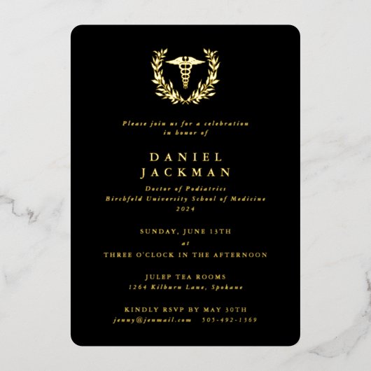 Black Caduceus + Laurel Medical School Afstuderen Folie Uitnodiging (Voorkant)
