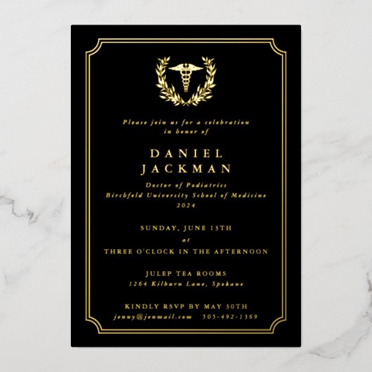 Black Caduceus+Laurel Medical School Afstuderen Folie Uitnodiging (Voorkant)