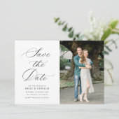 Black calligraphy script wedding save the date kaart (Staand voorkant)