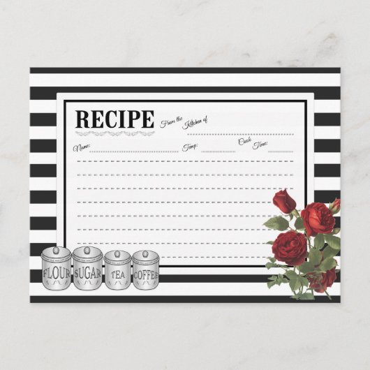 Black | Carte de recette florale White Modern Stri (Devant)