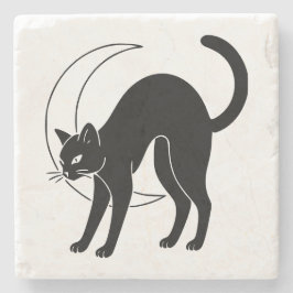 Black Cat and Crescent Moon Line Art Stenen Onderzetter
