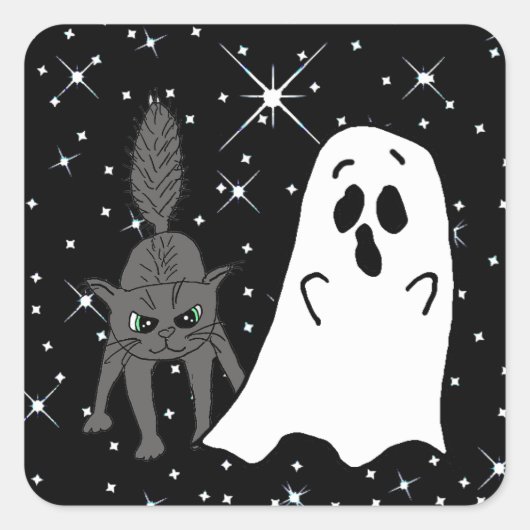Black Cat and Ghost Scaredy Cats Halloween Vierkante Sticker (Voorkant)