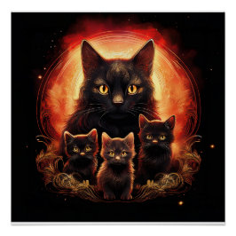 Black Cat And Her Three Kittens Perfect Poster