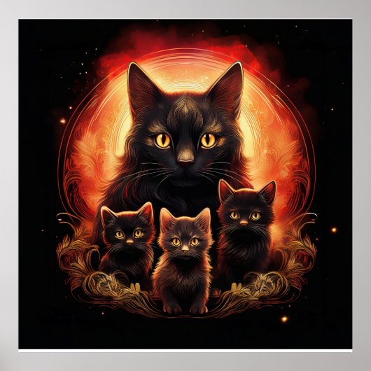 Black Cat And Her Three Kittens Poster (Voorkant)