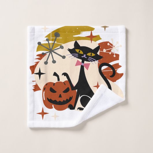 Black Cat and Pumpkin Atomic Retro Halloween Bad Handdoek (Wasdoekje)