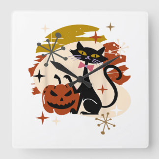 Black Cat and Pumpkin Atomic Retro Halloween Vierkante Klok