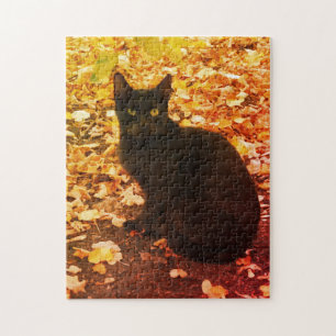 Black Cat Aurtumn-bladeren Foto Legpuzzel