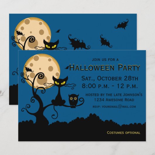 Black Cat, Bat en Owl Halloween Invitation Kaart (Voorkant / Achterkant)