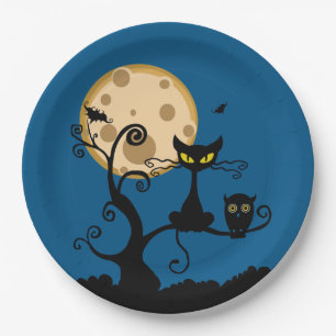 Black Cat, Bat, en Uil Halloween Papieren Bordje