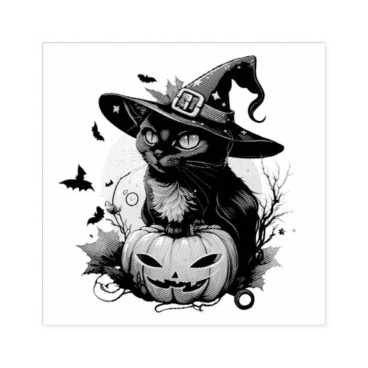 Black Cat, Bats en Jack-O-Lantern Rubberstempel (Afrduk)