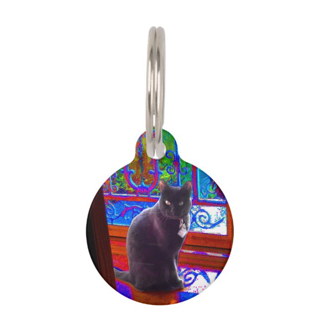 Black Cat bewaakt een psychedelische deuropening Huisdierpenning (Voorkant)