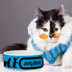 Black Cat Blue Silhouette Pattern met Kattennaam Voerbakje