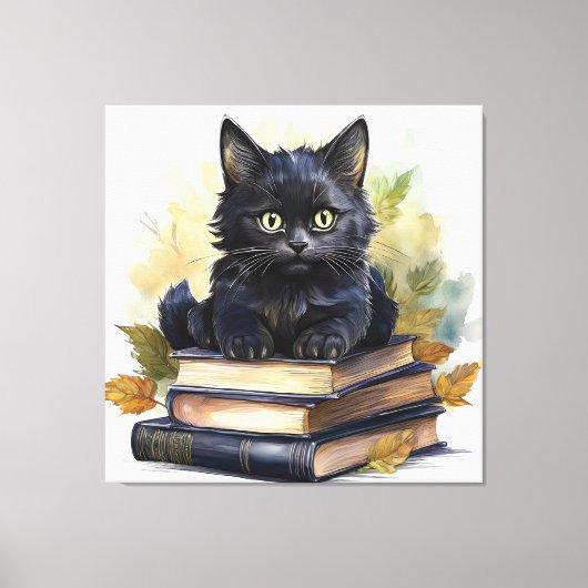 Black Cat Book Stack Canvas Afdruk (Voorkant)