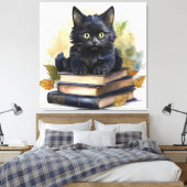 Black Cat Book Stack Canvas Afdruk (Insitu (Slaapkamer))