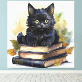 Black Cat Book Stack Canvas Afdruk (Insitu (Houten vloer))