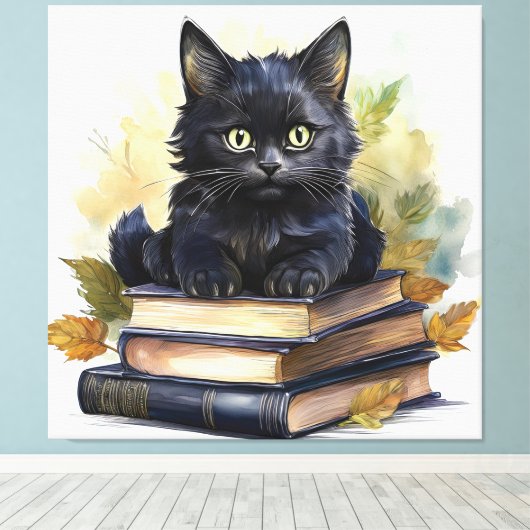 Black Cat Book Stack Canvas Afdruk (Insitu (Houten vloer))