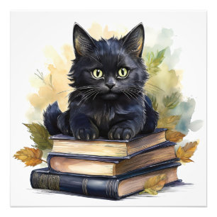 Black Cat Book Stack Foto Afdruk