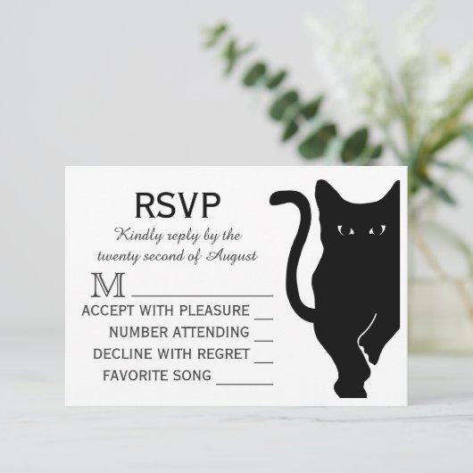 Black Cat bruiloft RSVP Kaartje (Staand voorkant)